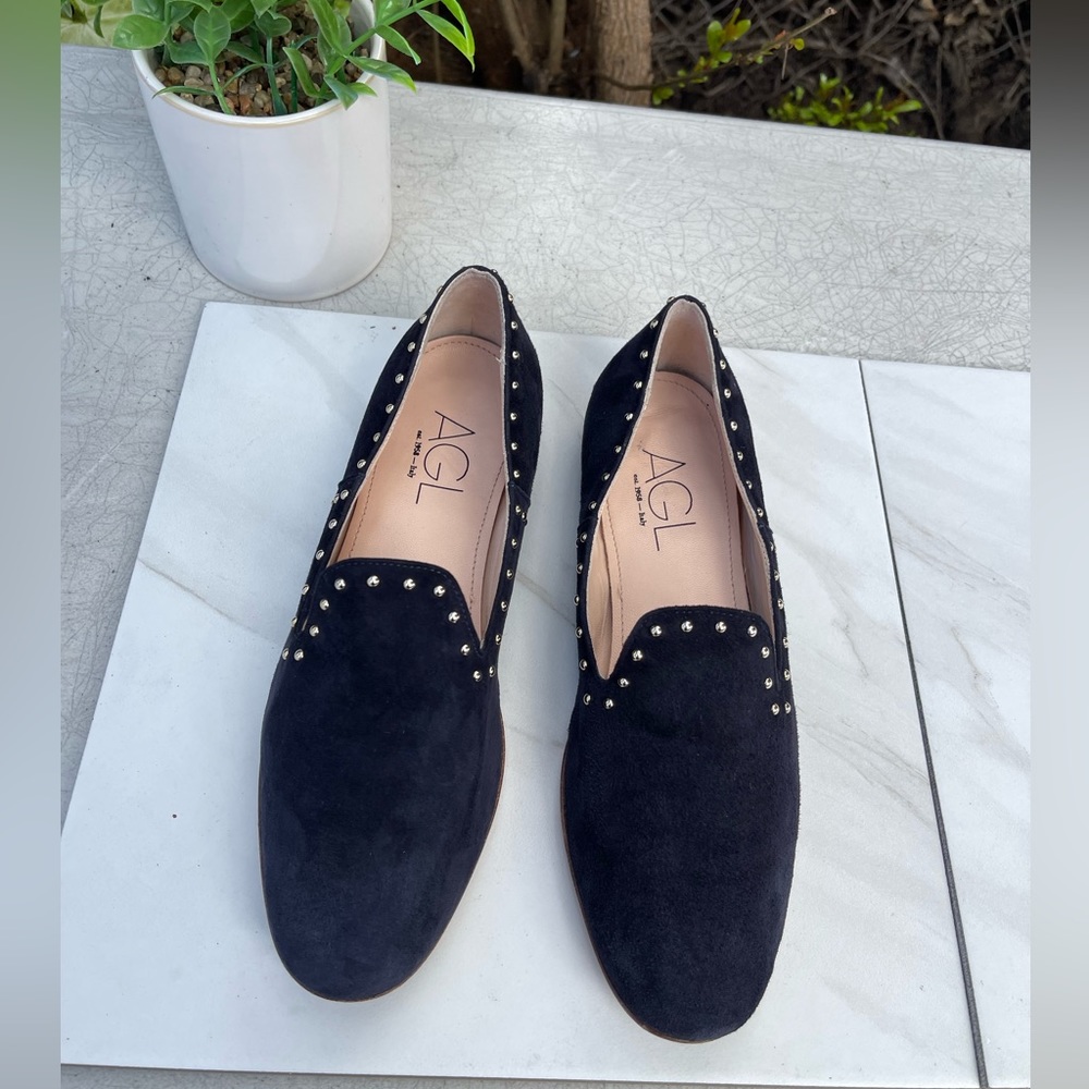 AGL ATTILIO GIUSTI LEOMBRUNI Studded Venetian Loafer In Navy Suede 36.5/ 6.5